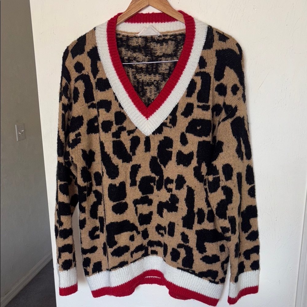 Red and Black V-Neck Sweater with Bold Animal Print